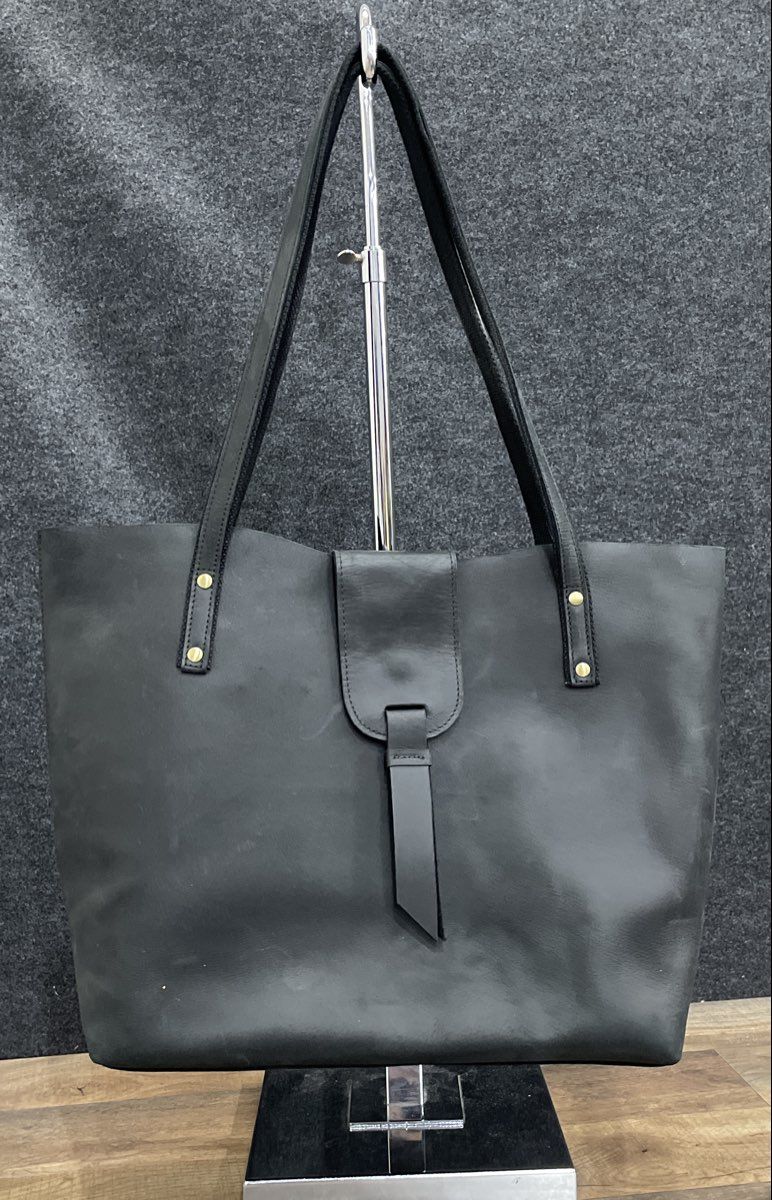 Black Leather Large Tote Bag Brass Hardware Magnetic Flap Handbag