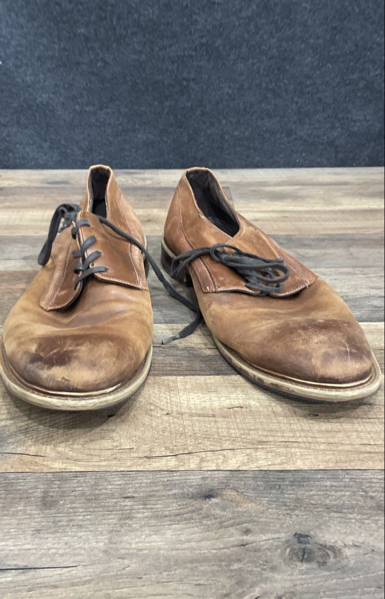 Aston Grey Brown Textured Leather Plain Toe Derby Dress Shoes Men's Size 12