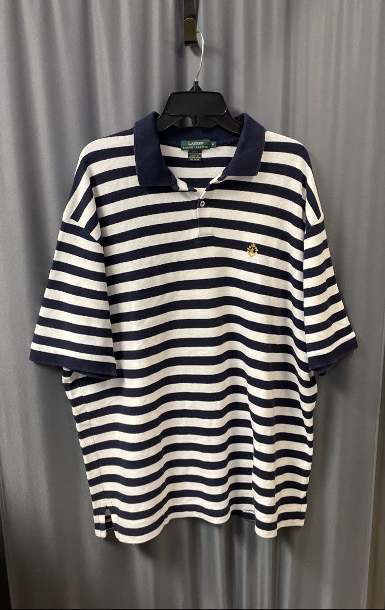 Lauren Ralph Lauren Women's Blue White Nautical Stripe Crest Polo Shirt Sz XL