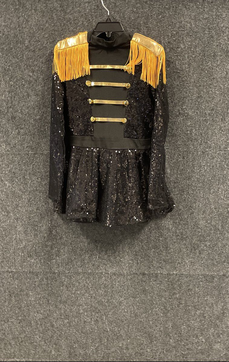 iefiel Girls Sequin Dance Costume Dress Black Gold Military Majorette Fringe NWT