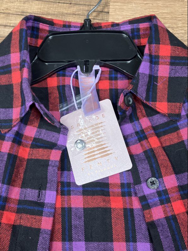 Savage X Fenty Women's Plaid Flannel Button Down Shirt Red Purple NWT Sz XS