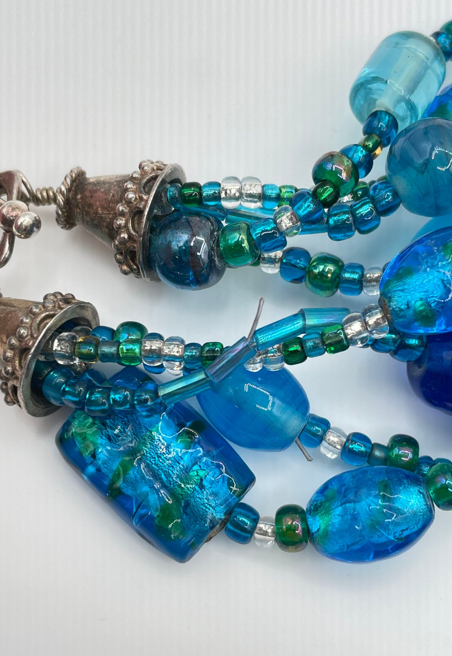 925 Clasp Blue Glass Bead Multi-Strand Chunky Necklace 106g