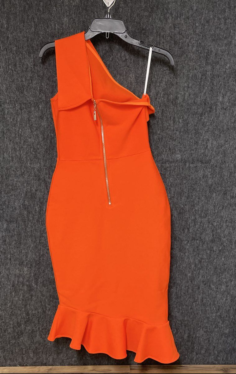Women's Orange One-Shoulder Bandage Bodycon Ruffle Hem Midi Dress Sz M