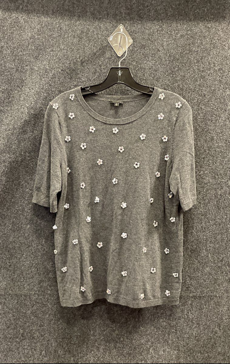 Talbots Women's Grey Floral Sequin Embellished Short Sleeve Knit Top Sz M
