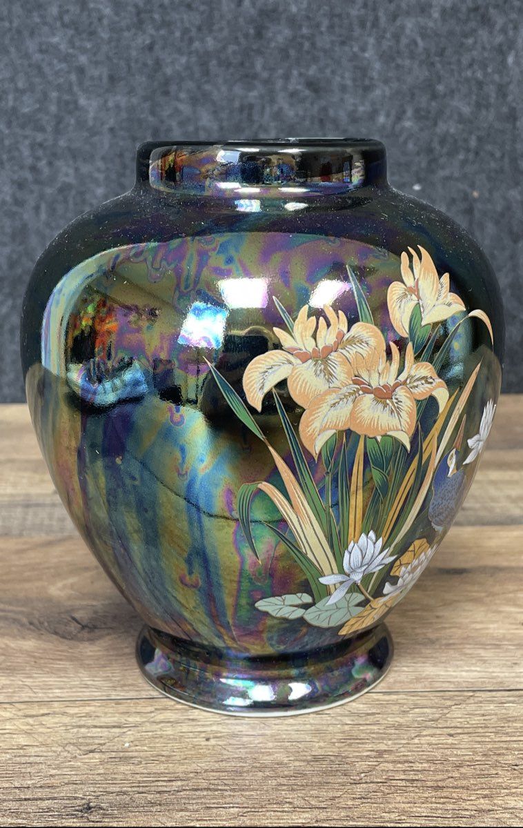 Vintage Japanese Lusterware Vase Iris Bird Black Iridescent 7 Inch