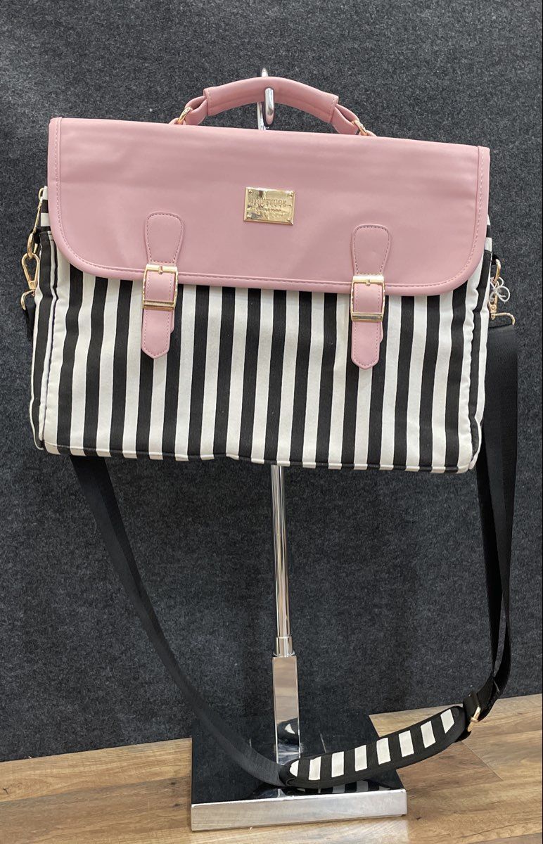 Lovevook Pink Black White Striped Leather Messenger Laptop Bag Crossbody