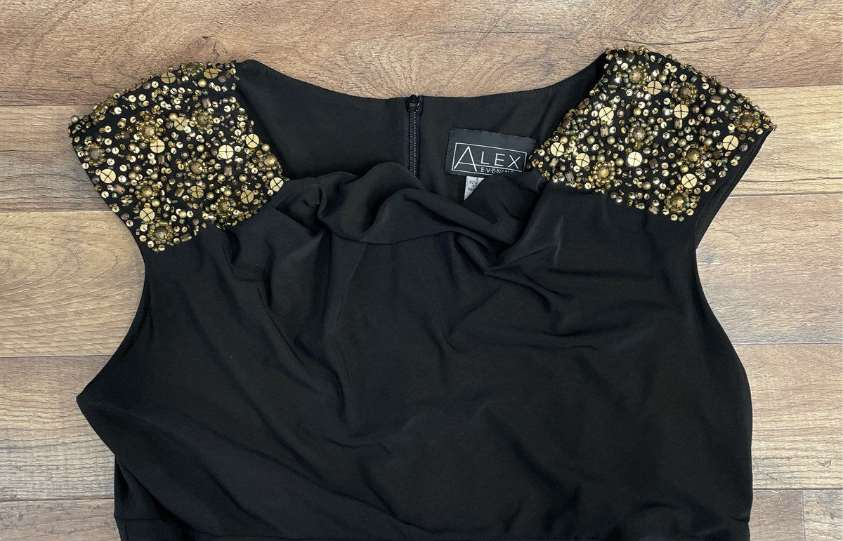 Alex Evenings Women's Black Draped Cowl Neck Beaded Shoulder Cocktail Dress 16