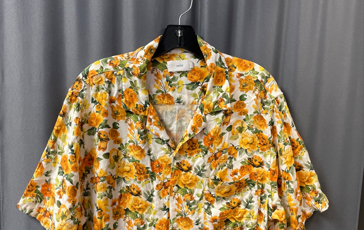 Onia Men's Yellow Floral Camp Collar Short Sleeve Viscose Shirt Sz L