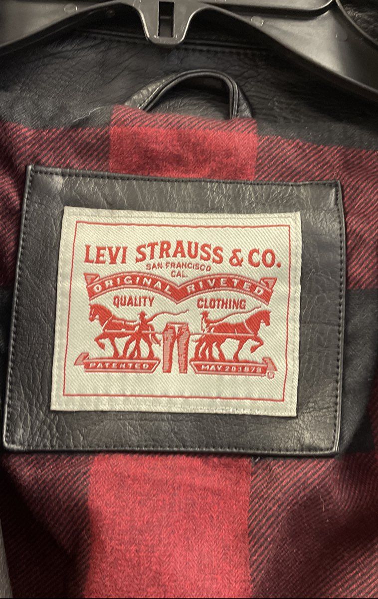 Levi's Men's Black Faux Leather Asymmetrical Moto Biker Jacket Plaid Lined Sz L