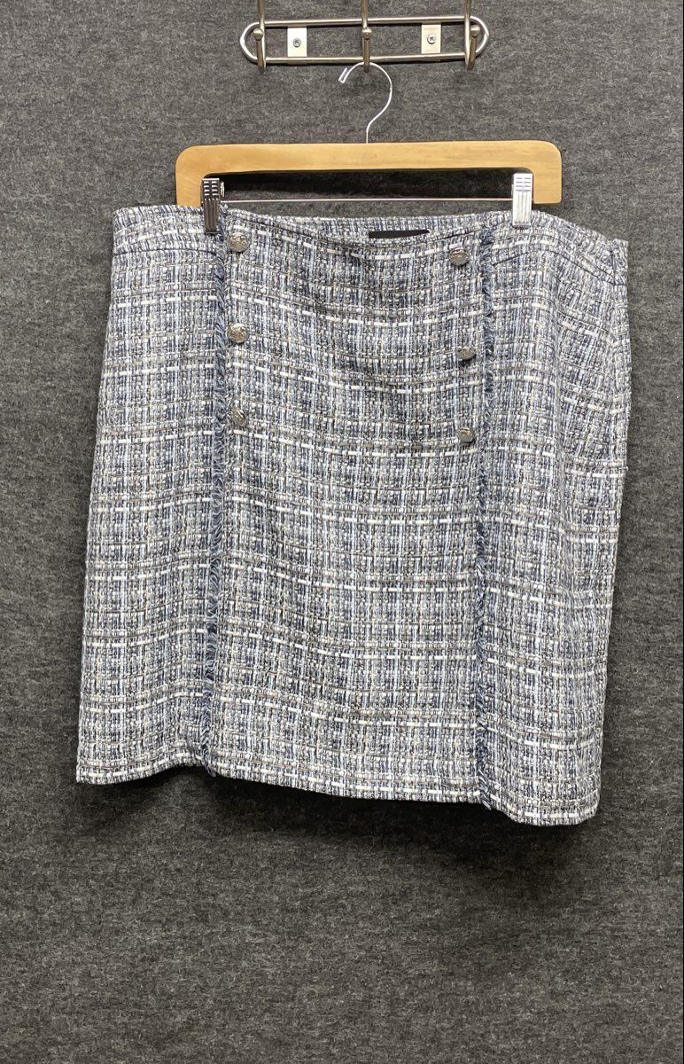 Talbots Women's Blue Gray Tweed Fringed Button Detail Mini Skirt Size 18 NWT
