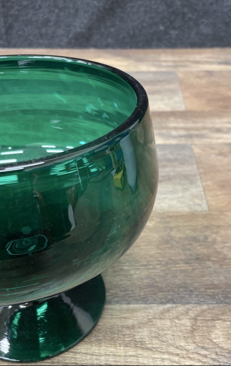 Vintage Art Glass Emerald Green Pedestal Bowl Compote Dish 6" Mid-Century
