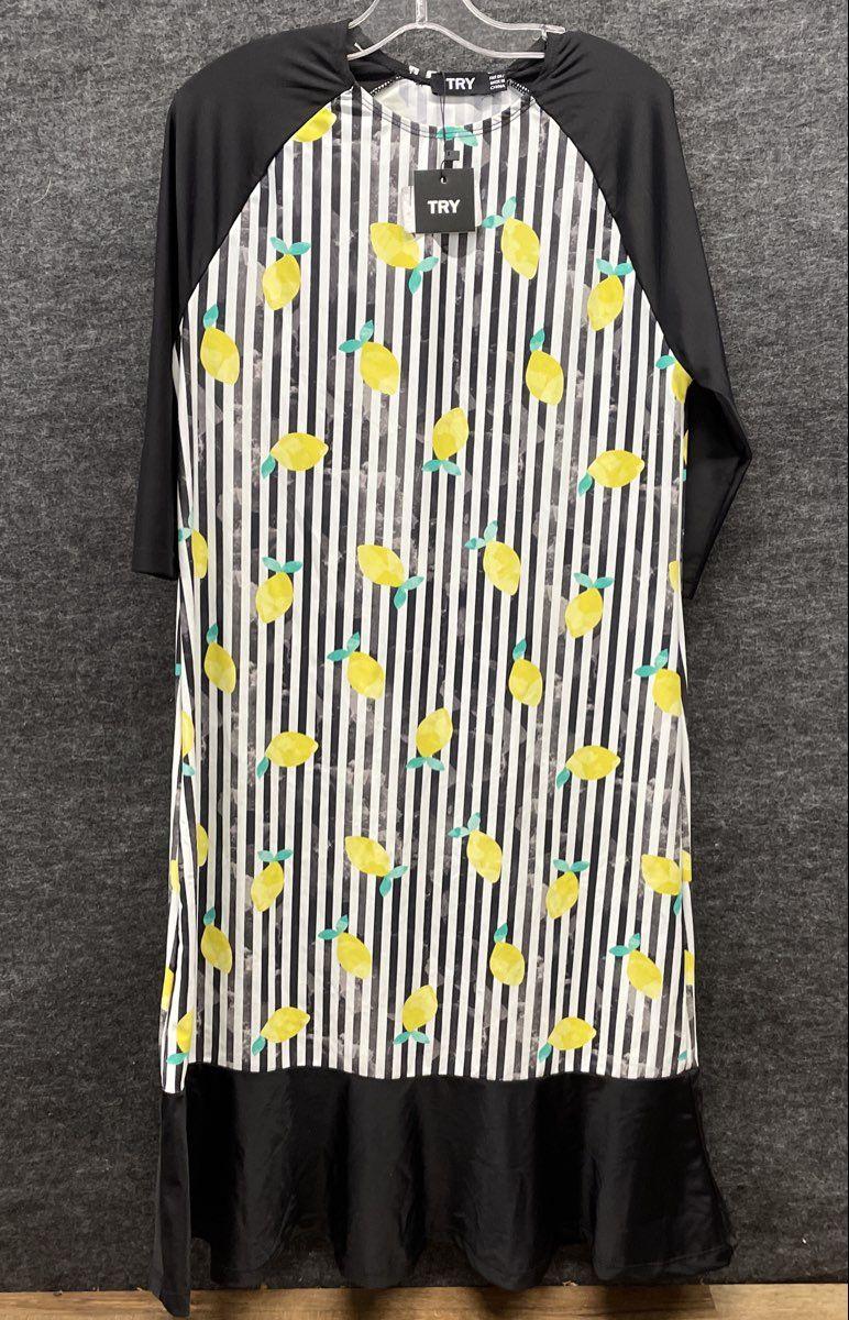 TRY Women's Fruit Print Cover Up Dress White Black Lemon Pattern Sz 18 NWT