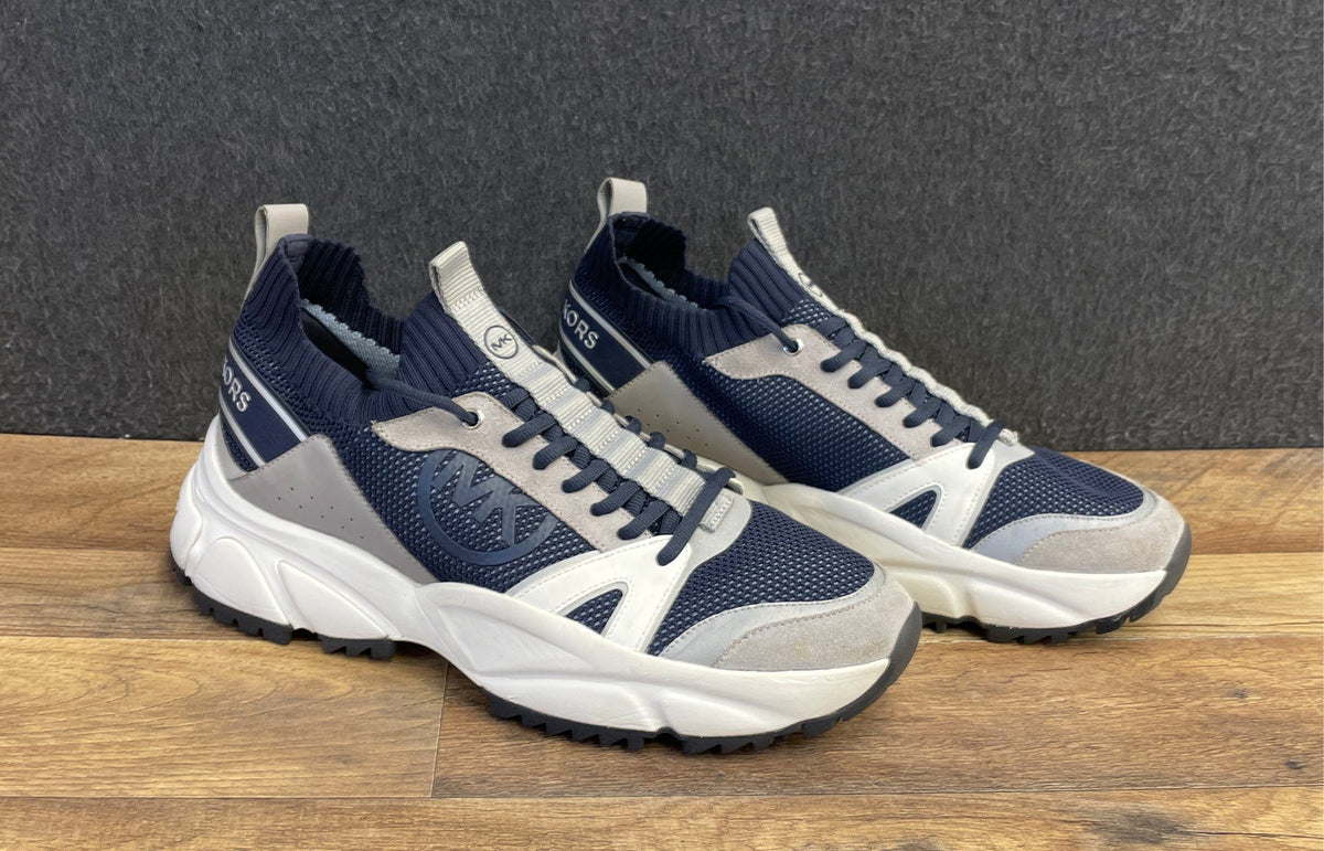Michael Kors Miles Navy Grey Leather Knit Sneakers Men's Size 12