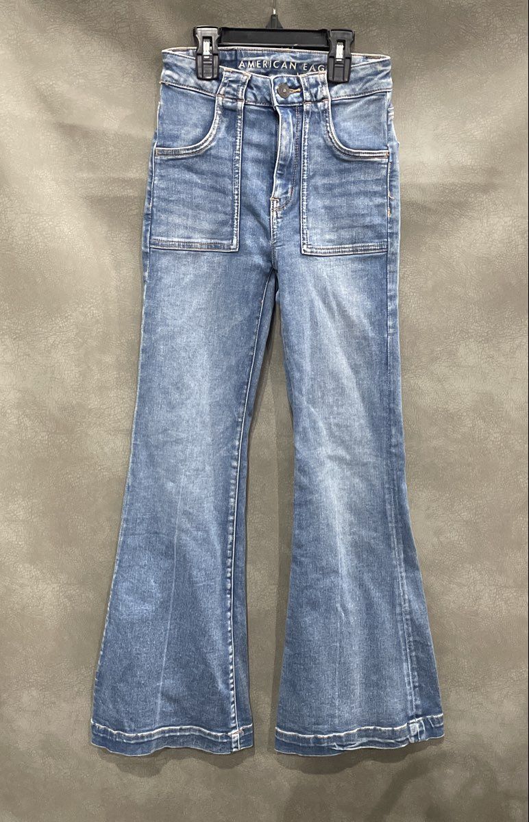 American Eagle Women's High Rise Bell Bottom Flare Jeans Blue Sz 000 Short