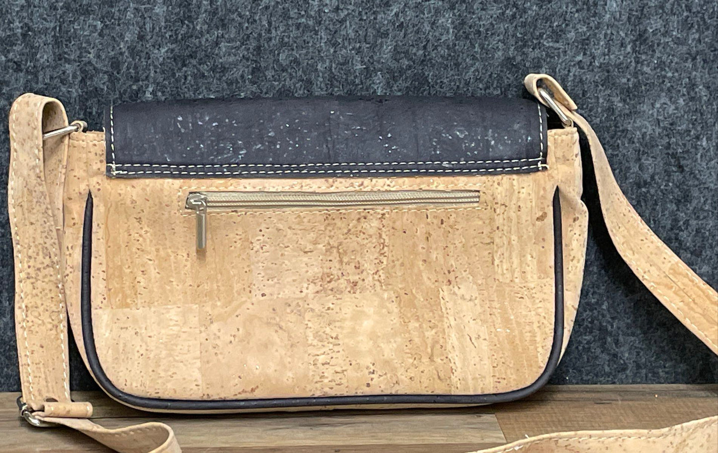 Natural Cork Crossbody Bag Two Tone Tan and Grey Silver Hardware Small