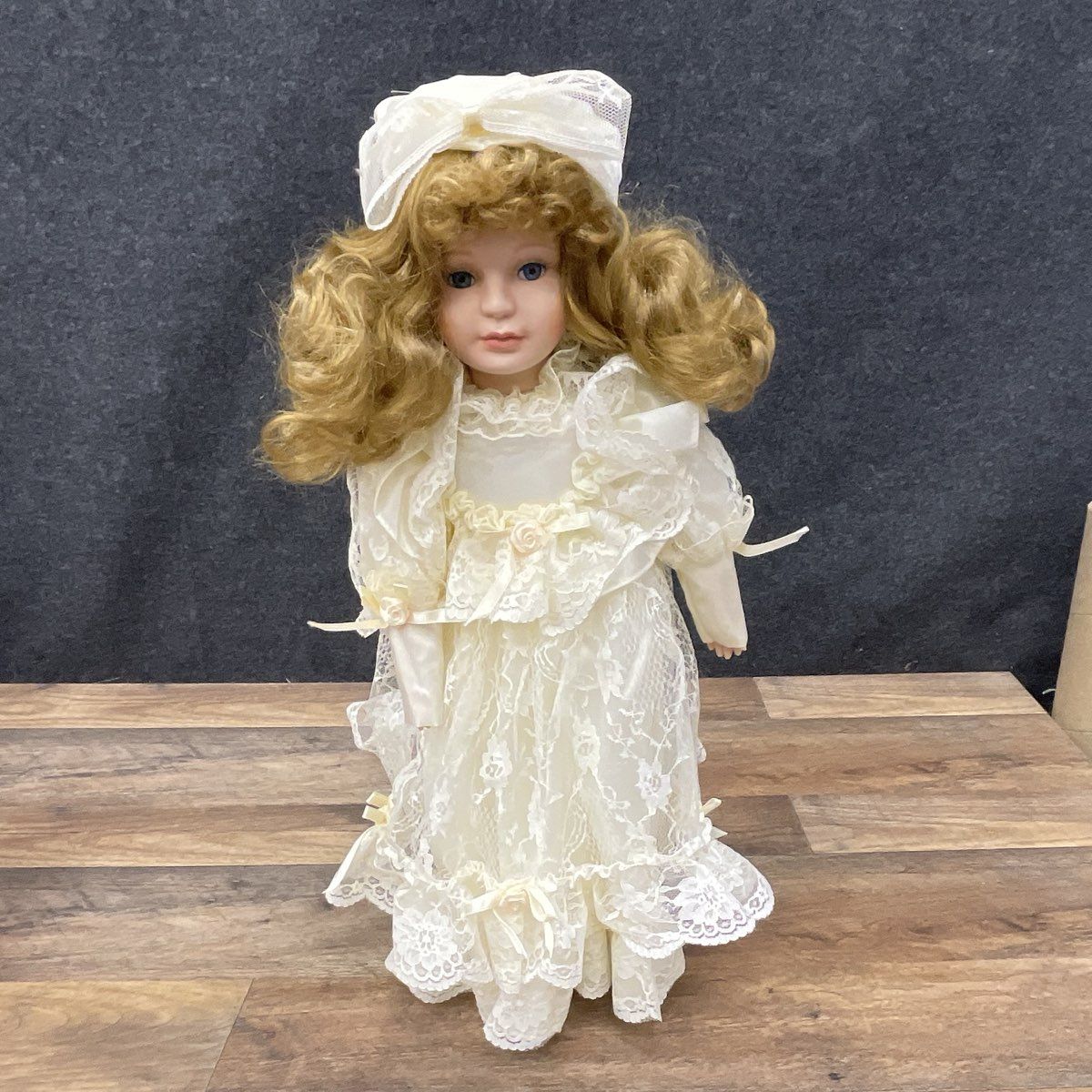 Vintage Sally Porcelain Doll 18" Great Western Trading Blonde Hair Ivory Dress