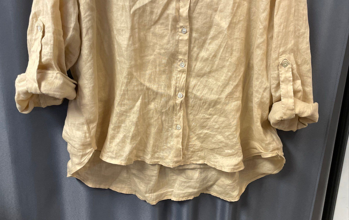Conbipel Tan Pure Linen Roll Tab Button Down High Low Shirt Sz XL