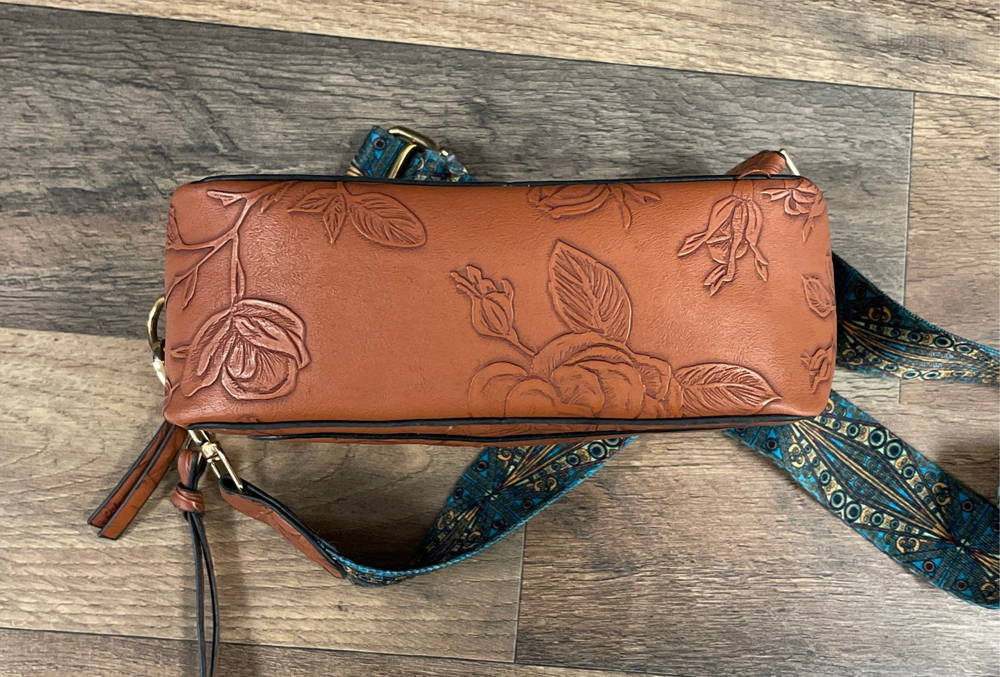 Vintage Brown Floral Embossed Bohemian Crossbody Bag with Patterned Strap