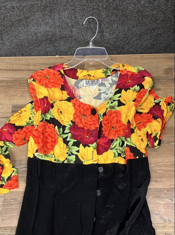Vintage 90s La Belle Floral Two Tone Button Front Midi Dress Sz 11/12
