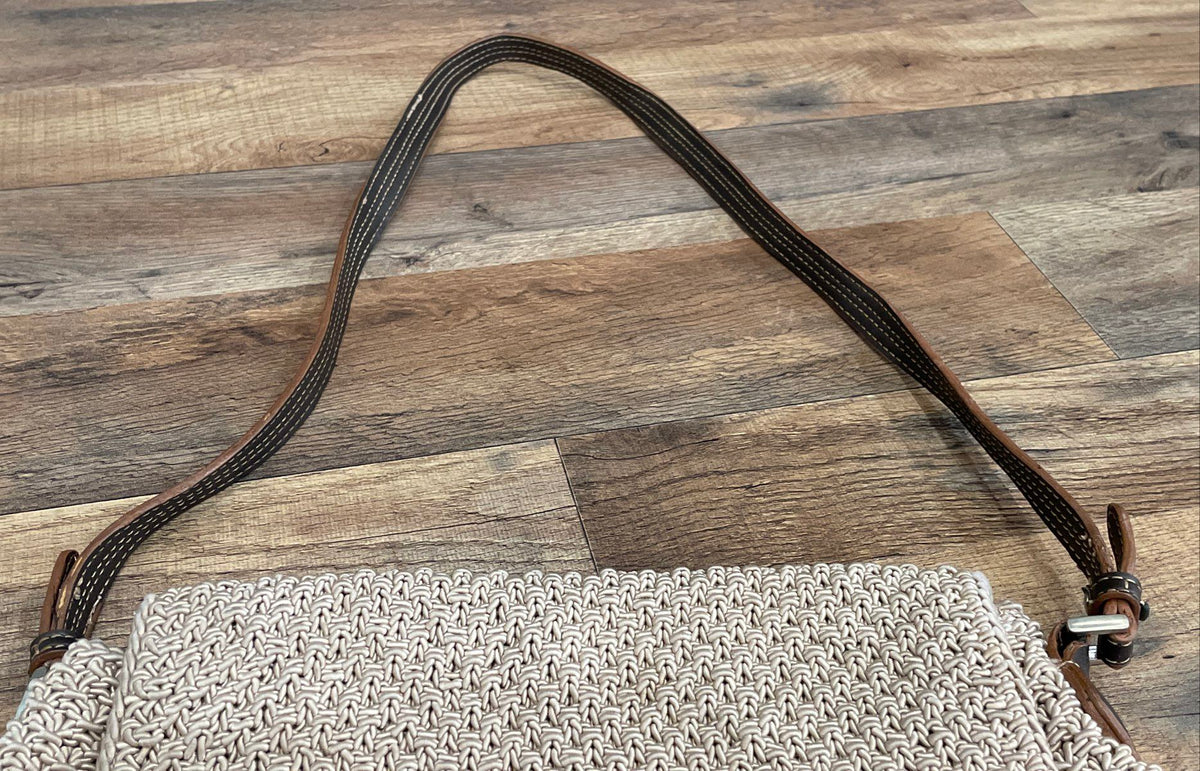 Unbranded Grey Woven Flap Shoulder Bag Brown Strap Blue Interior