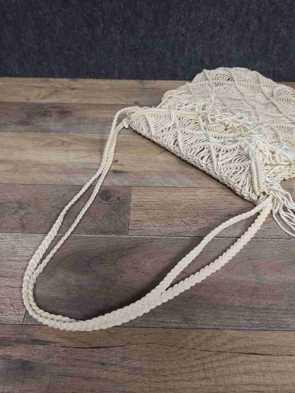 Vintage Cream Macrame Boho Shoulder Bag Fringe Knotted Cotton 70s Style