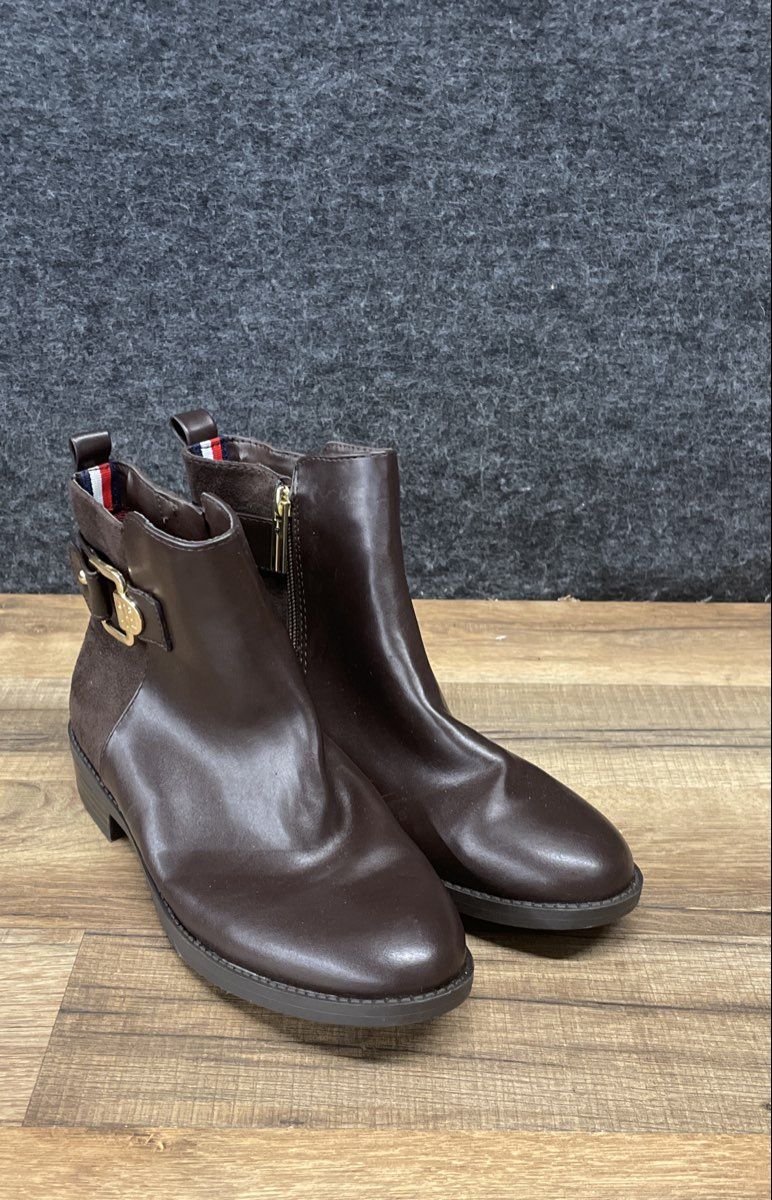 Tommy Hilfiger Brown Leather Buckle Zip Ankle Boots Women's Size 5.5