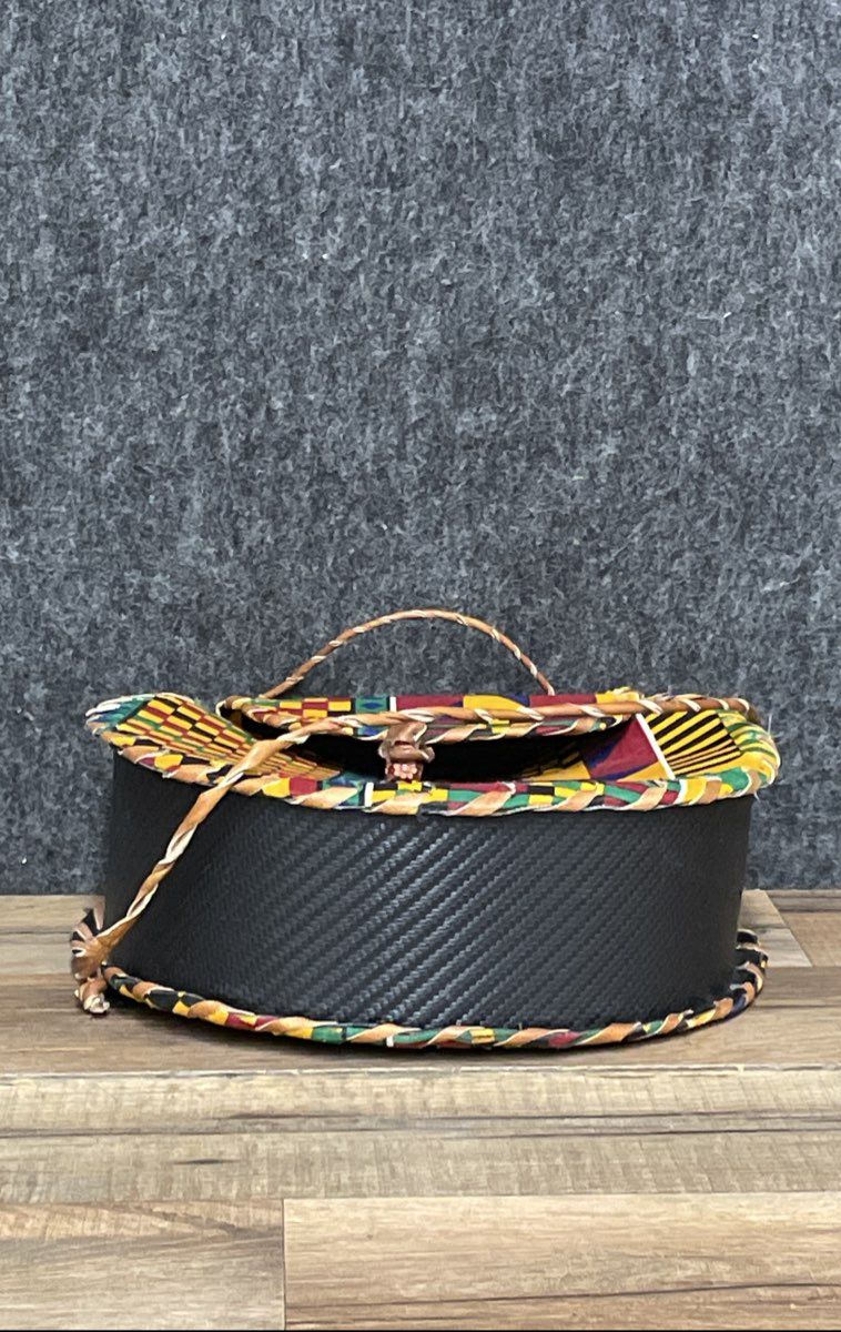 Handmade Circular Crossbody Bag Multicolor Geometric Print Folk Art 8.5 inch