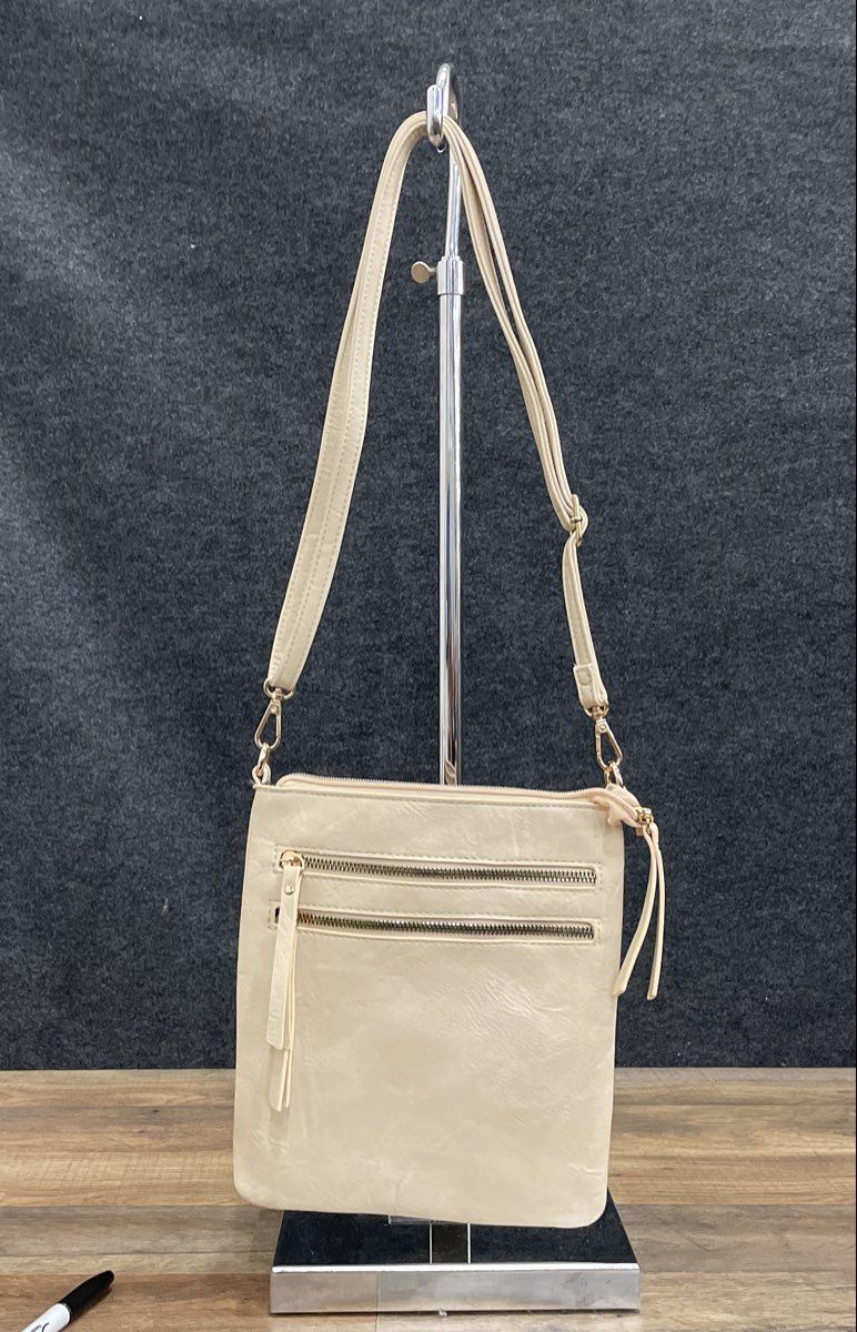 Montana West Cream Faux Leather Triple Zip Crossbody Bag Gold Hardware