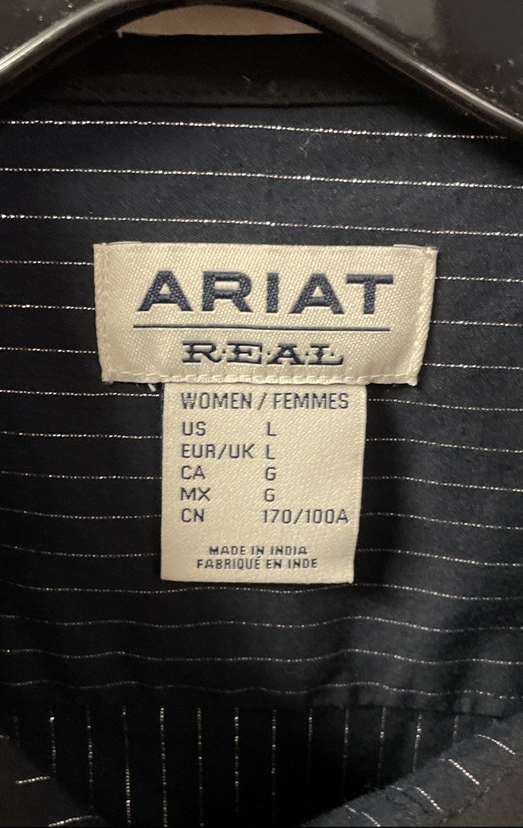 Ariat Women's Kirby Stretch LS Shirt Navy Blue Silver Pinstripe Sz L