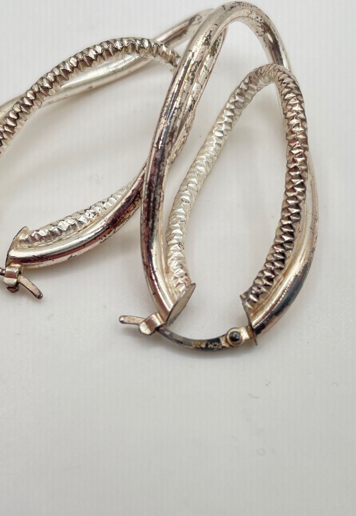 925 Sterling Silver Polished & Textured Double Twisted Oval Hoop Earrings 6.3g