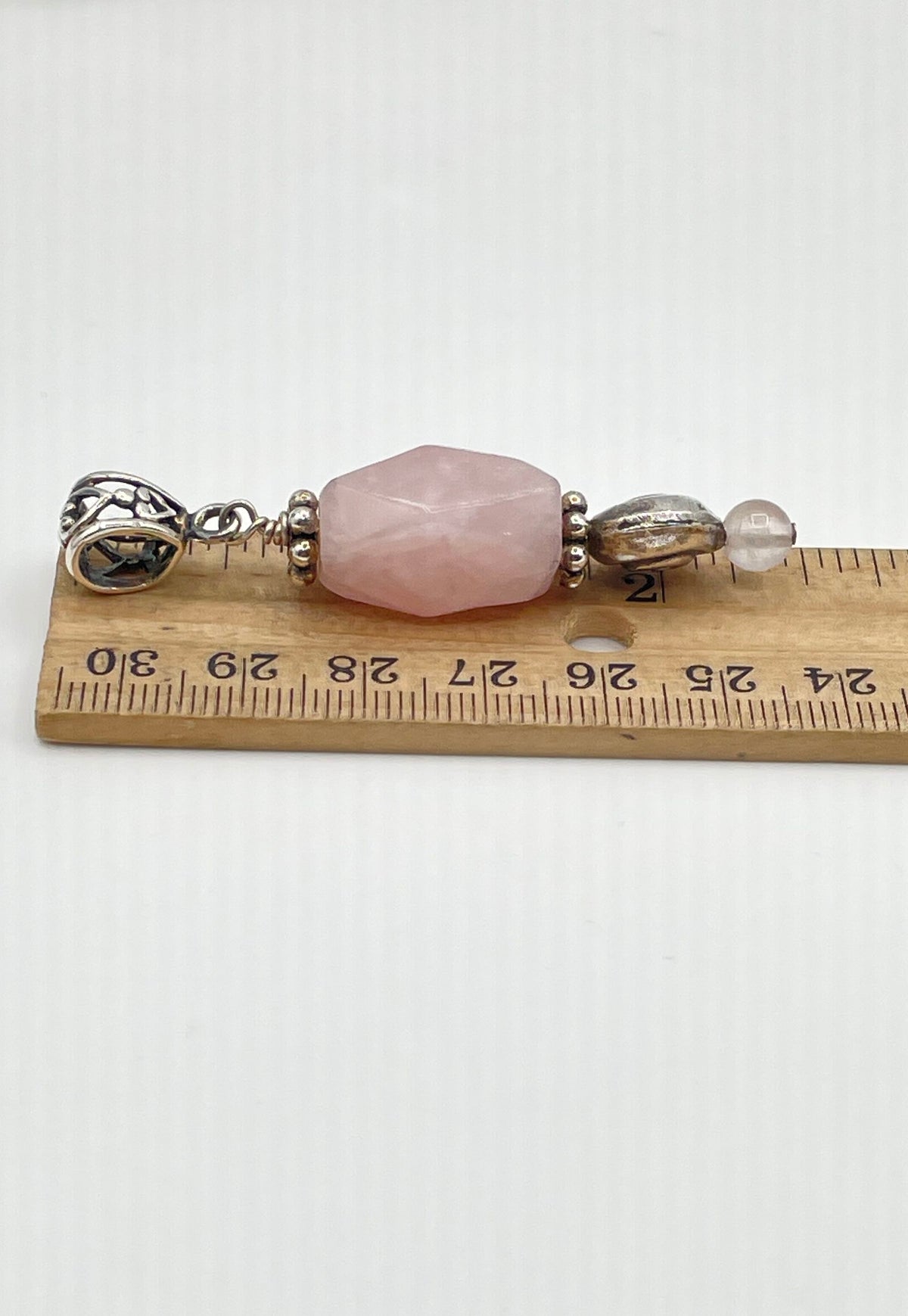 925 Sterling Silver Ornate Bead & Rose Quartz Pendant 11.8g