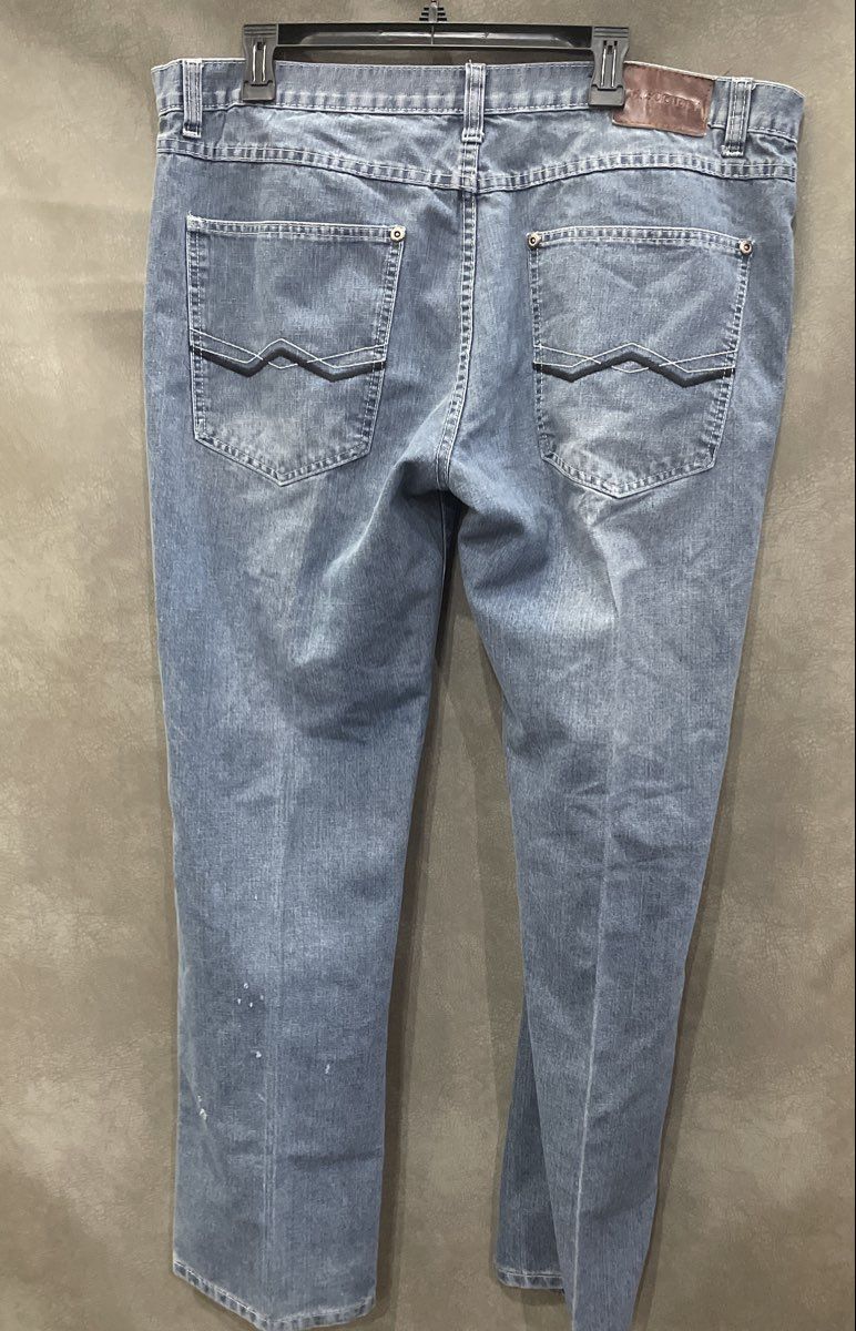 M. Society Men's Blue Straight Leg Faded Denim Contrast Stitch Jeans Sz 40x32