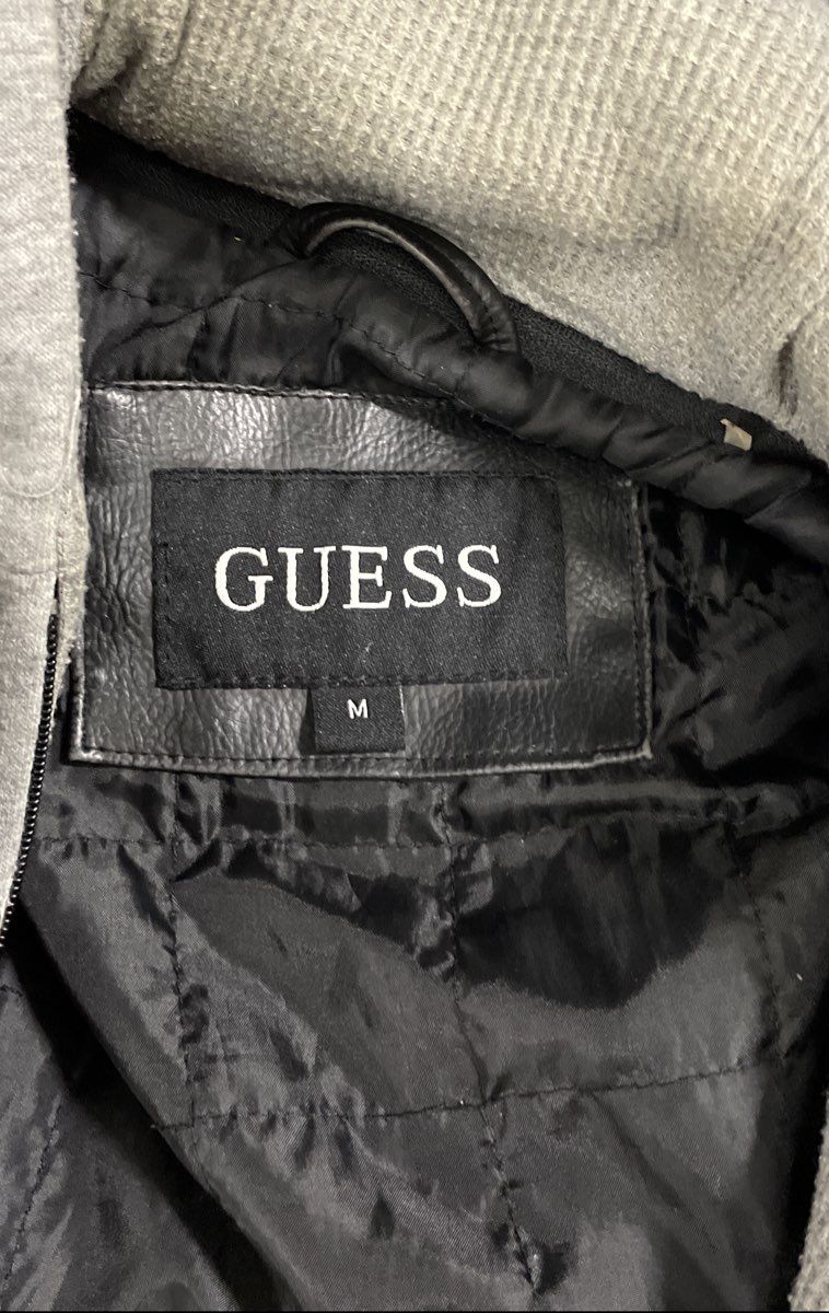 Guess Women's Black Leather Jacket Zip-Out Hooded Bib Quilted Lining Sz M