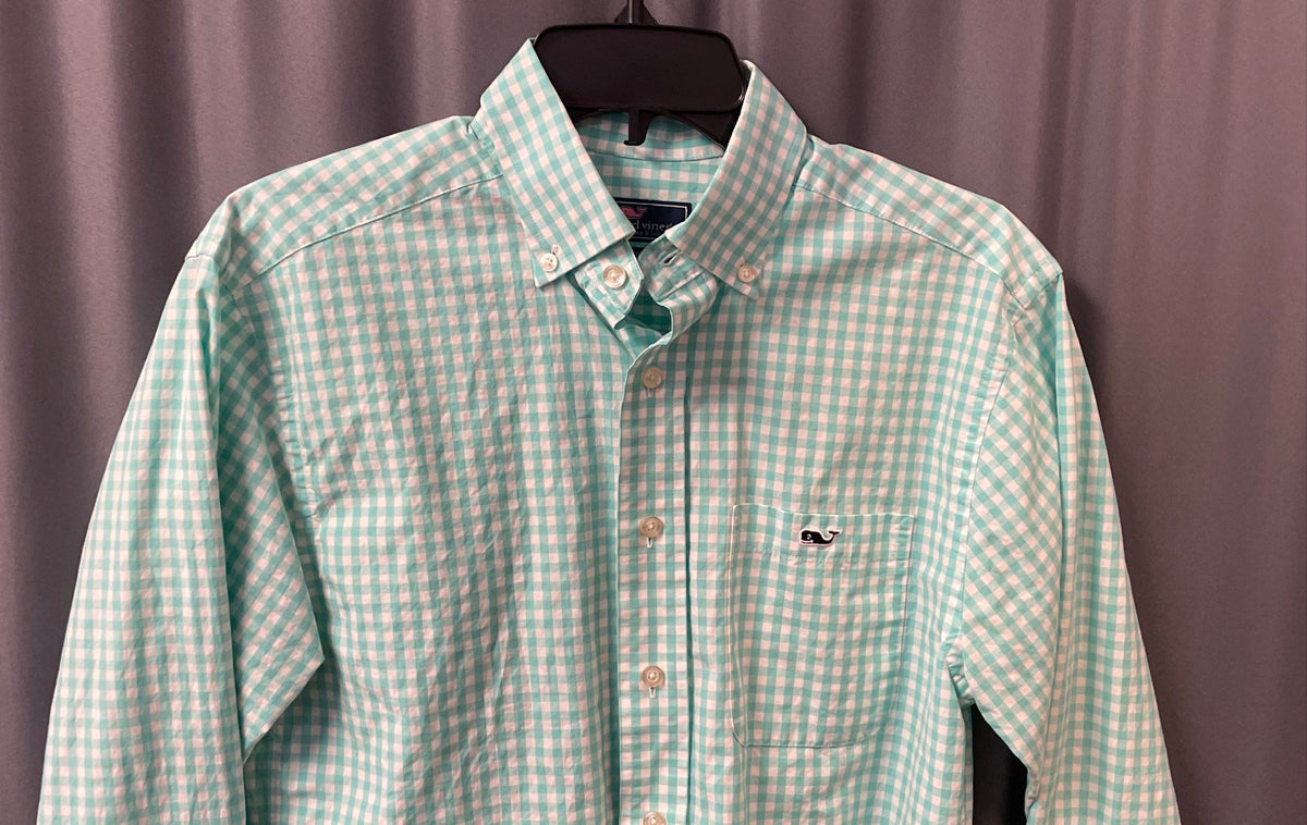 Vineyard Vines Men's Aqua White Gingham Classic Fit Tucker Shirt Sz XS