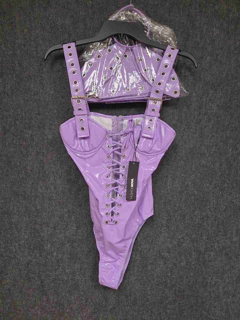 Fashion Nova Women's Purple Faux Leather Lace Up Bodysuit Lingerie Set Sz XS/S