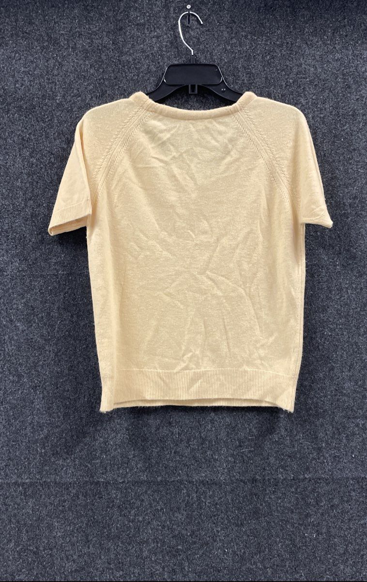 Vintage 70s Yellow Textured Orlon Acrylic Knit Short Sleeve Tie Neck Top Sz S/M