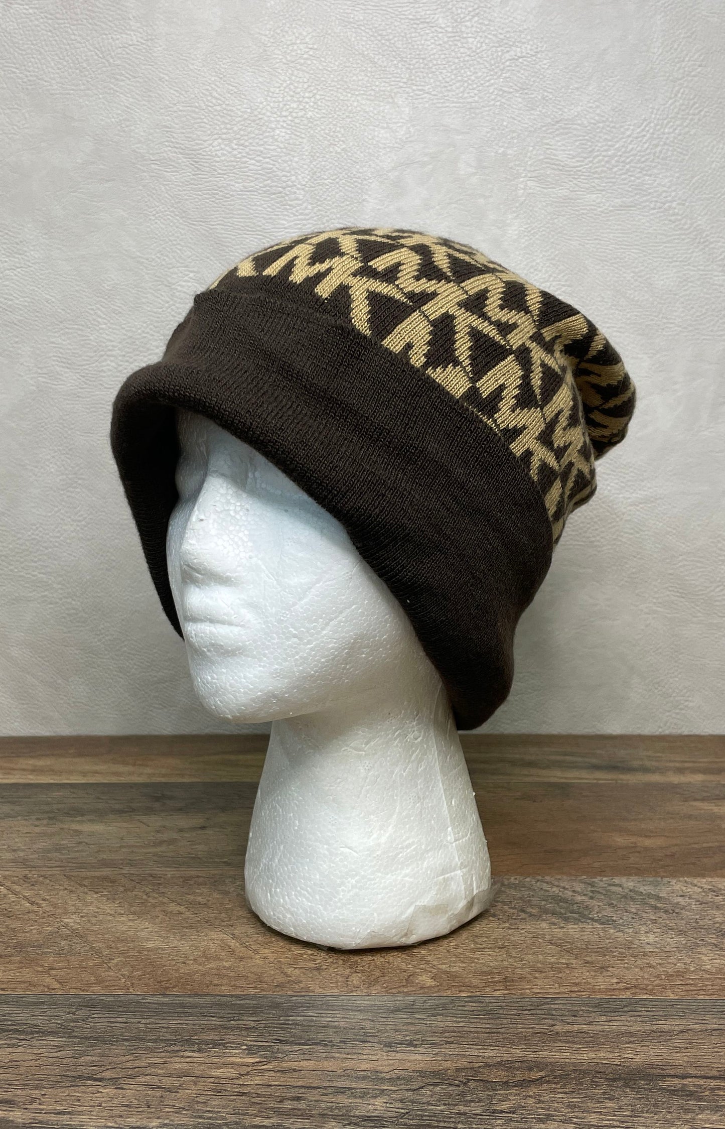 Michael Kors Women's Beanie Hat Brown Tan Monogram Logo Knit MK Print