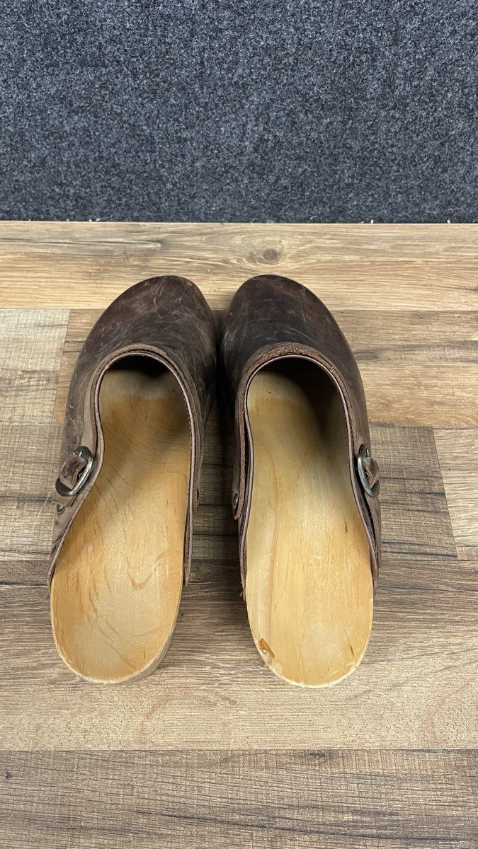 Vintage 90s J. Crew Brown Leather Wood Clogs Buckle Mules Slides Size 10