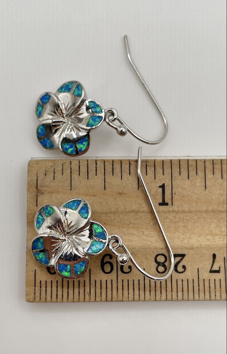 925 Sterling Silver Blue Opal Inlay Plumeria Flower Dangle Earrings 6.4g