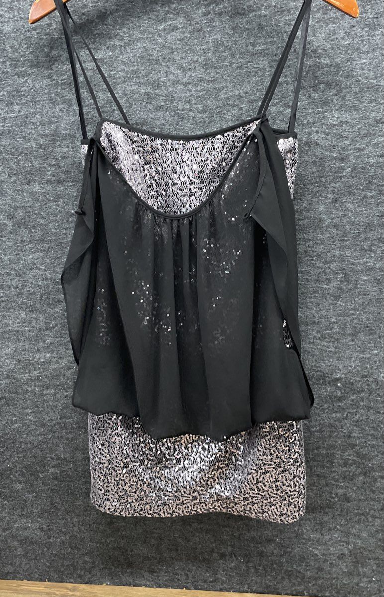 Hailey Logan Adrianna Papell Women's Black Sparkle Sequin Chiffon Dress Sz 3/4