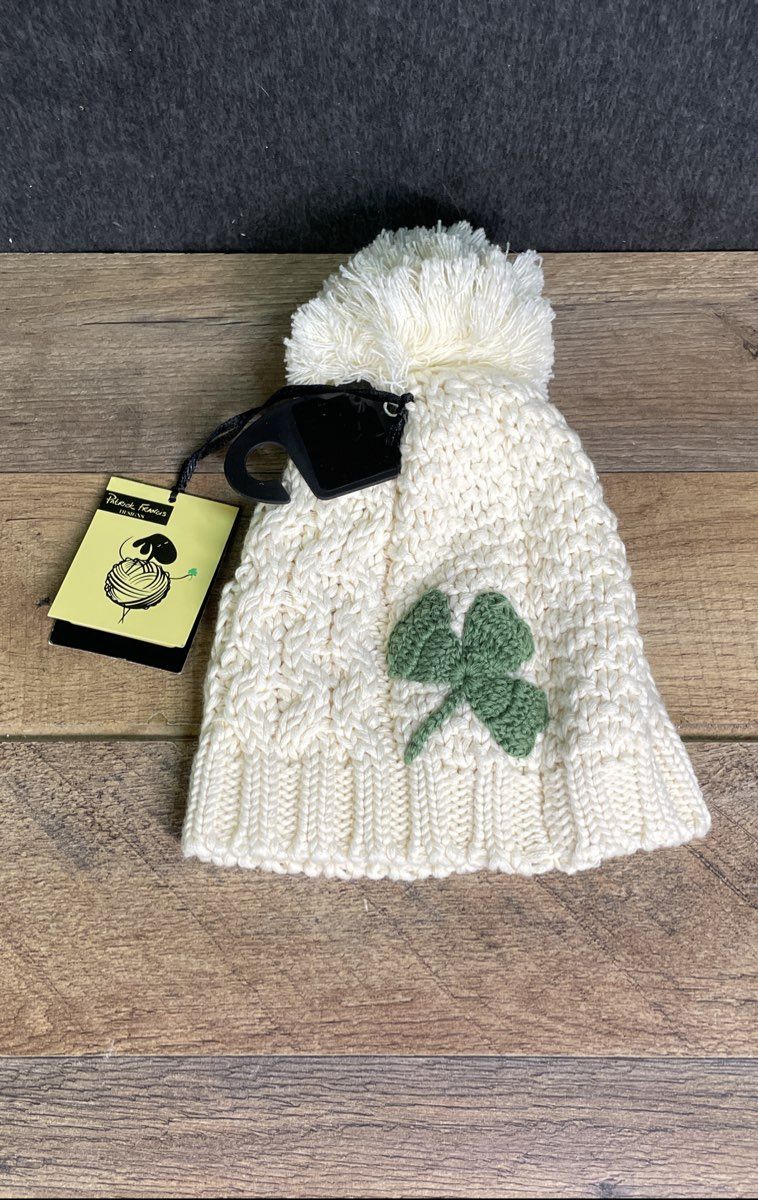 Patrick Francis Kids' Cream Shamrock Cable Knit Pom Pom Winter Hat NWT Sz 1/3