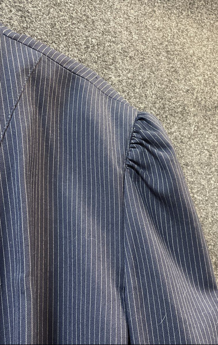 Vintage 80s Nan Elliot Women's Navy Blue Pinstripe Puff Shoulder Blazer Sz 44