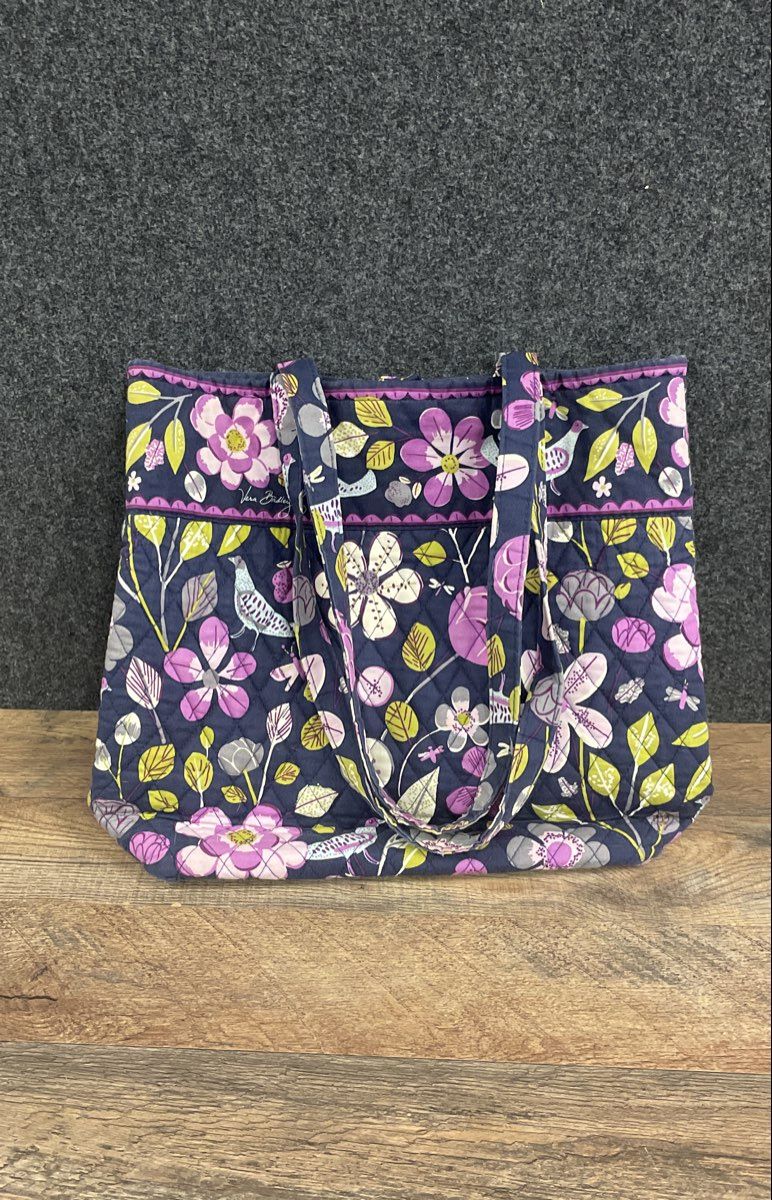 Vera Bradley Navy Blue Floral Bird Quilted Cotton Tote Bag Shoulder Purse