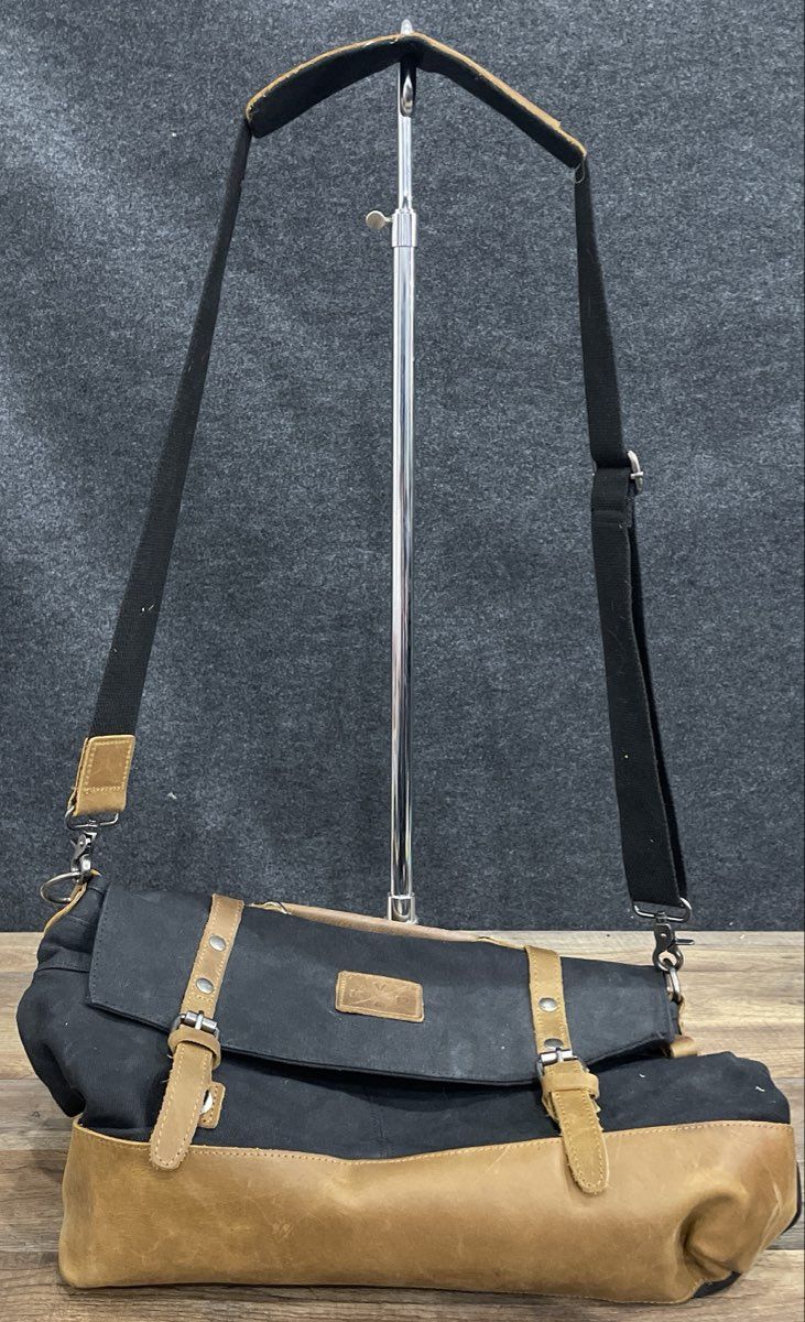 KVD Black Canvas Brown Leather Messenger Travel Bag Large Crossbody Briefcase