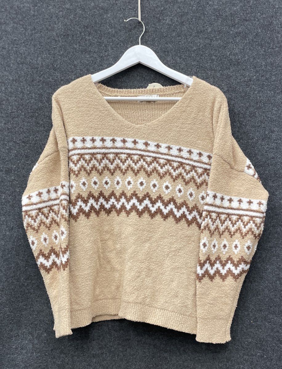 Francesca's Women's Taupe Beige Fair Isle Fuzzy V-Neck Sweater NWT Size L