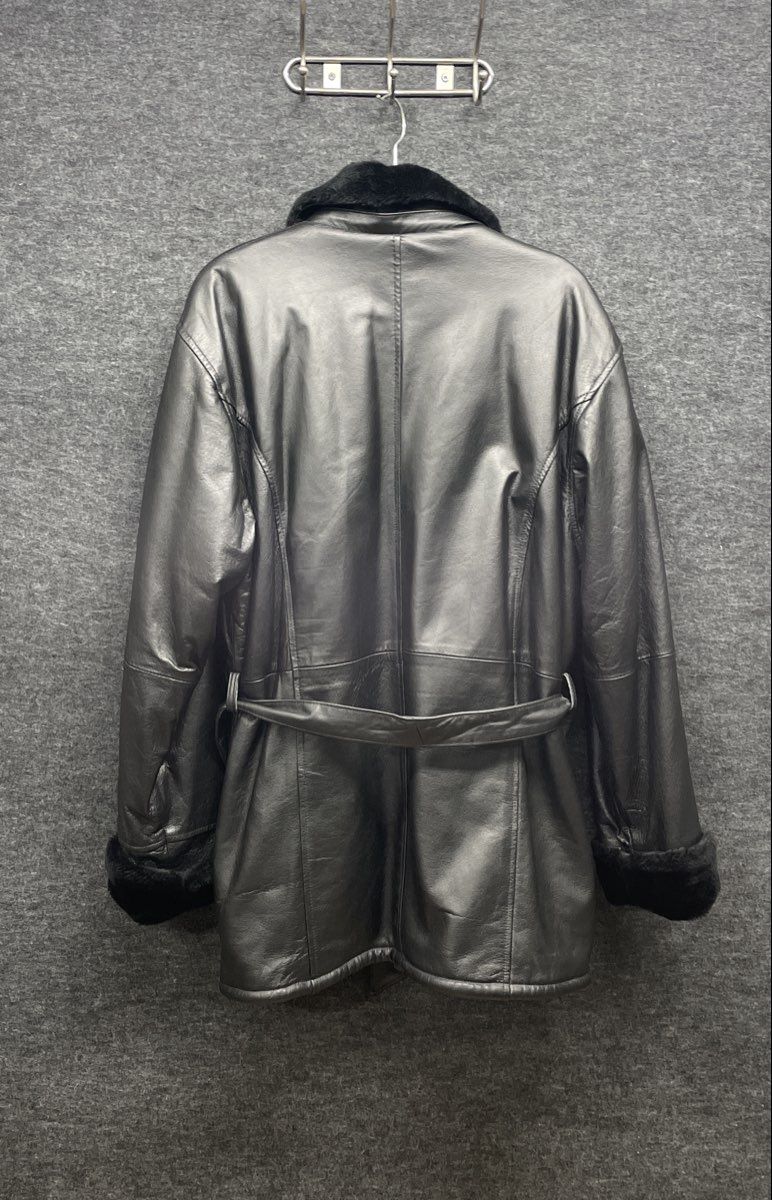 The Connection New York Women's Black Leather Faux Fur Trim Belted Jacket Sz L