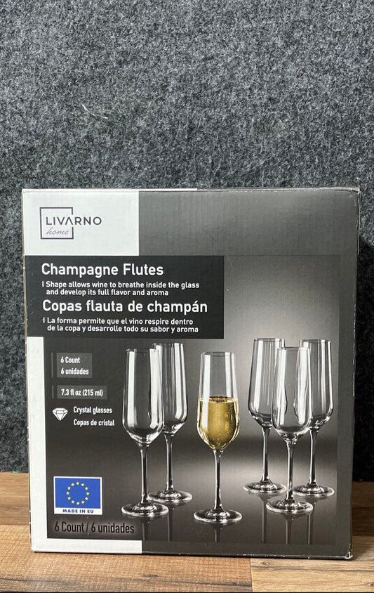 Livarno Home 6 Pcs Set Cut Crystal Champagne Flutes Glasses 7.3oz Clear EU