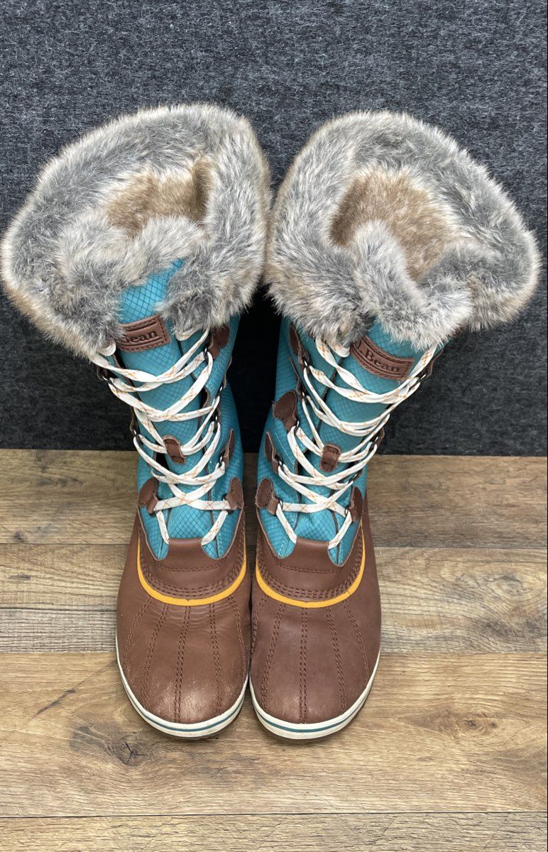LL Bean Wildcat Boots Teal Brown Waterproof Faux Fur Snow Boots Women's Size 10