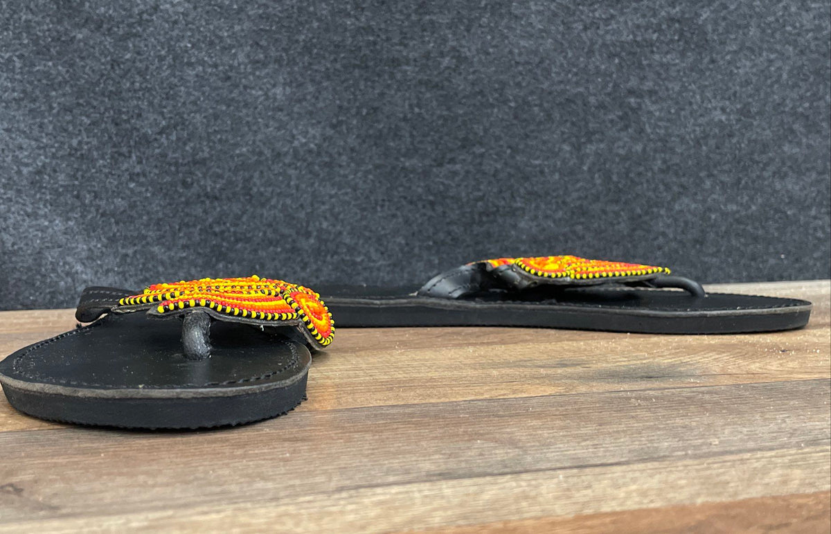 Handmade Beaded Leather Thong Sandals Black Yellow Red Orange Size 40