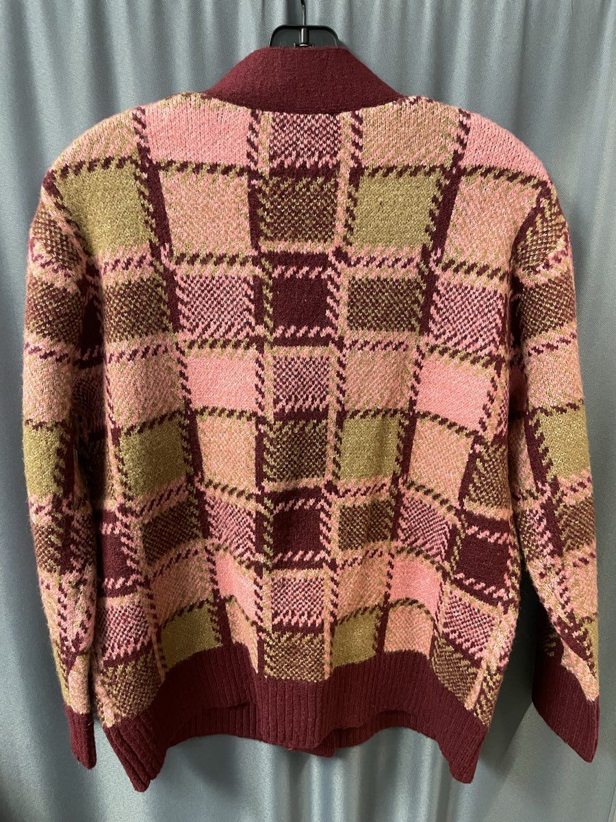 Black Tape Women's Burgundy Pink Plaid Windowpane Sweater Cardigan NWT Sz XS